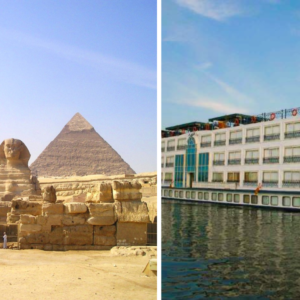 Pyramiden von Gizeh und Nilschiff auf dem Nil