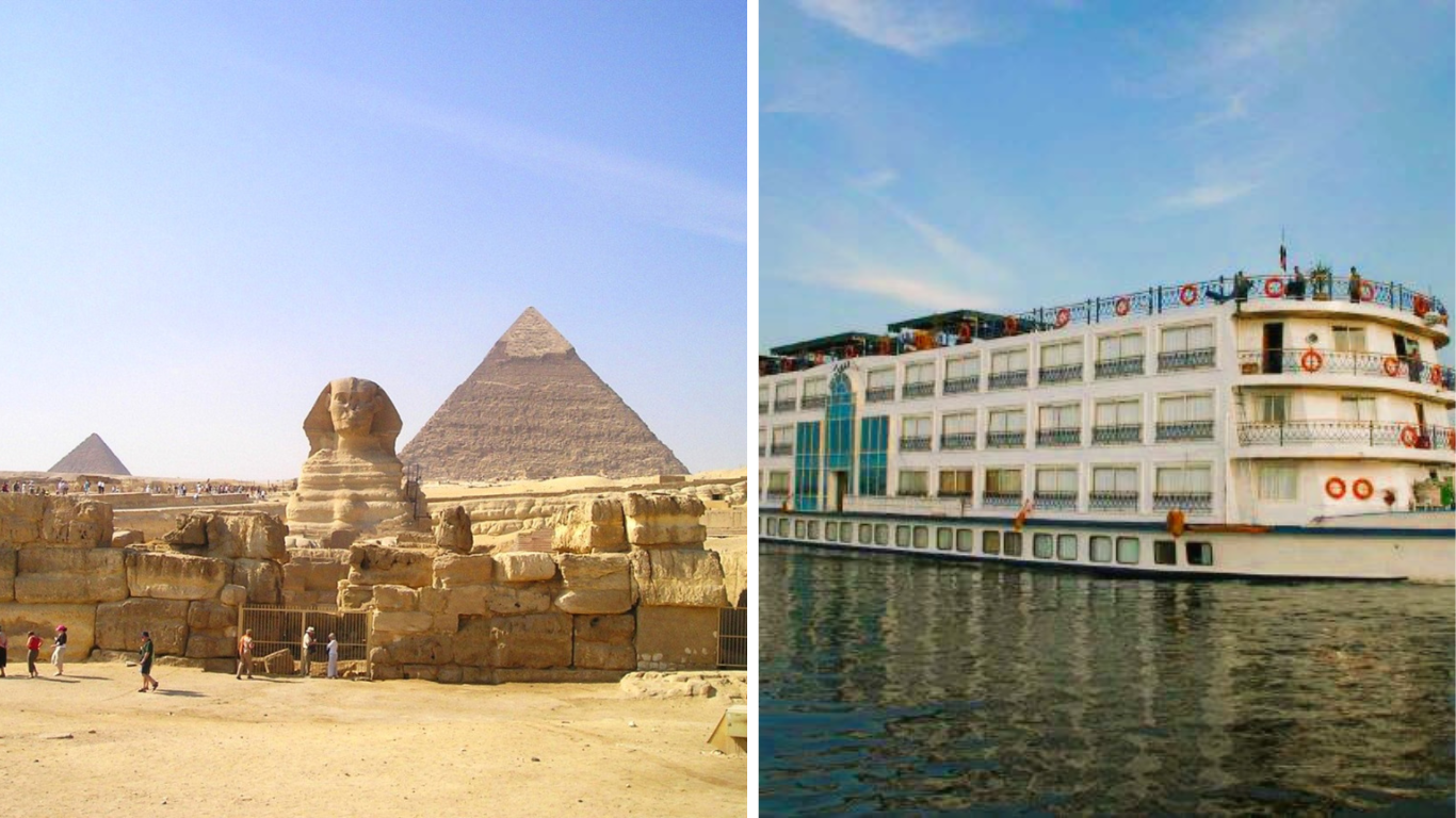 Pyramiden von Gizeh und Nilschiff auf dem Nil