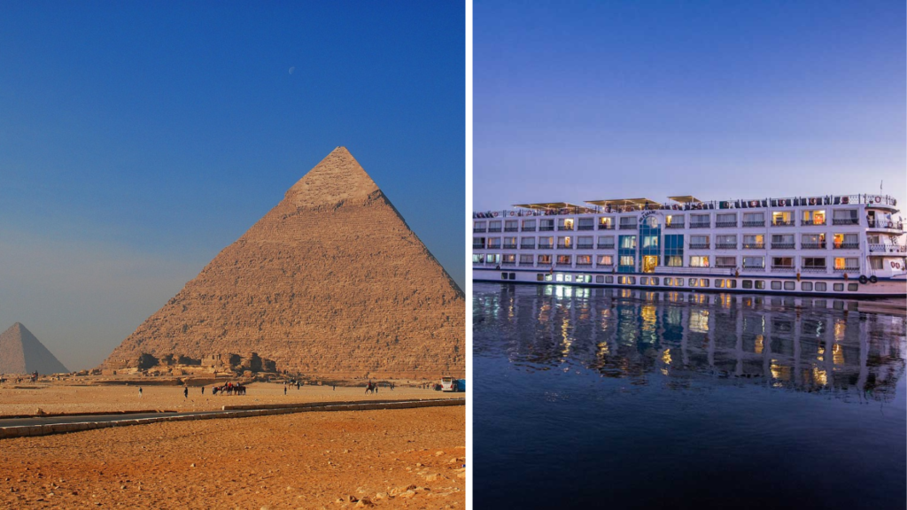 Pyramiden von Gizeh und Nilschiff auf dem Nil