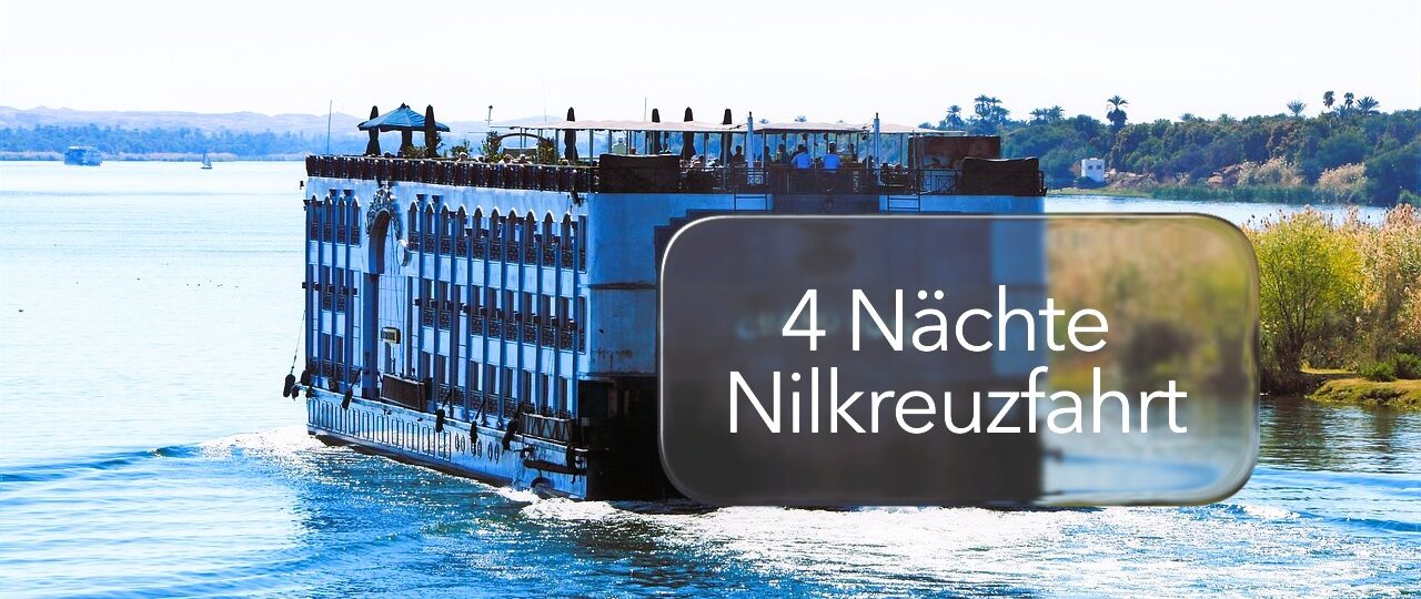 Luxuriöses Nilkreuzfahrtschiff auf dem Nil bei Sonnenschein – Teil einer Ägypten Rundreise mit Kairo, Luxor und 4 Nächten Nilkreuzfahrt.