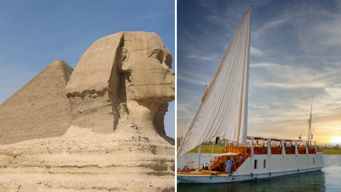 Sphinx von Gizeh und Dahabiya auf dem Nil – Ägypten Rundreise mit Nilkreuzfahrt